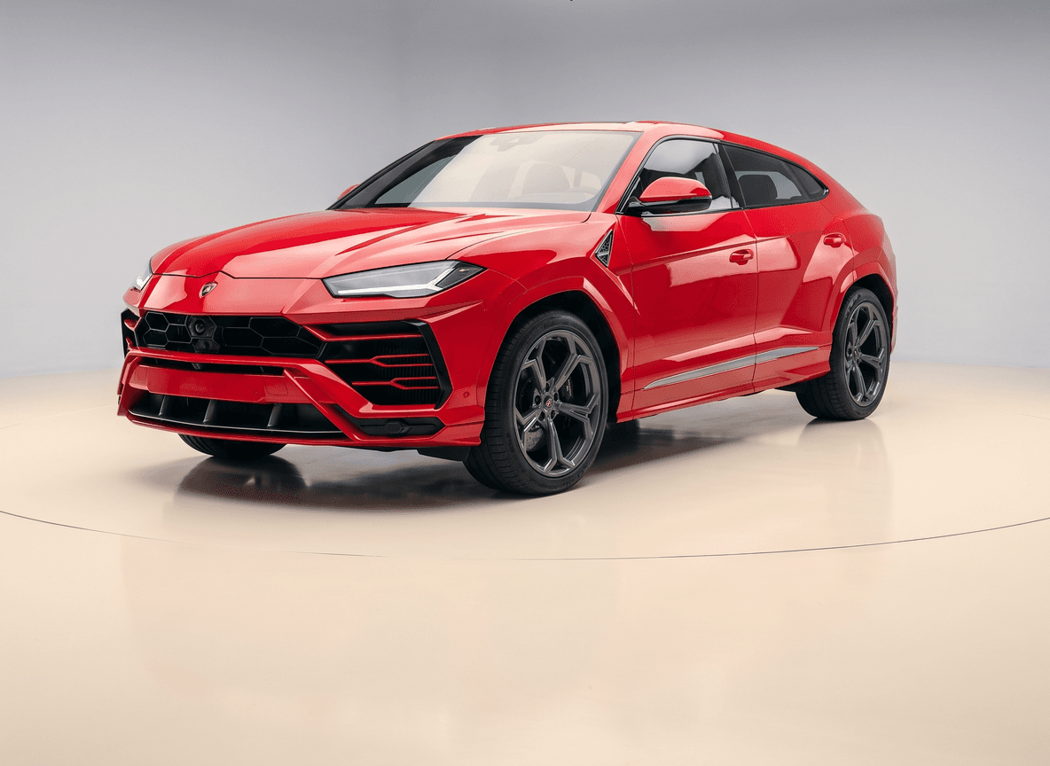 Red Lamborghini Urus in a pale studio