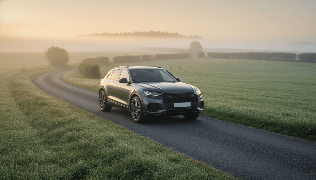 Charcoal luxury SUV on a misty country road at dawn