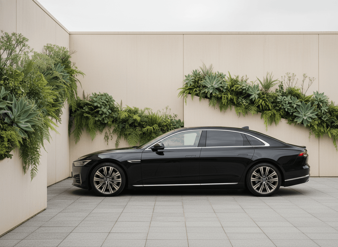 Dark executive saloon parked beside minimal pale architecture with green planting